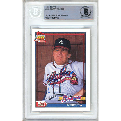 Baseballs- Autographed- Bobby Cox Atlanta Braves Signed 1991 Topps Baseball Trading Card Beckett Authentic Auto Slab Front