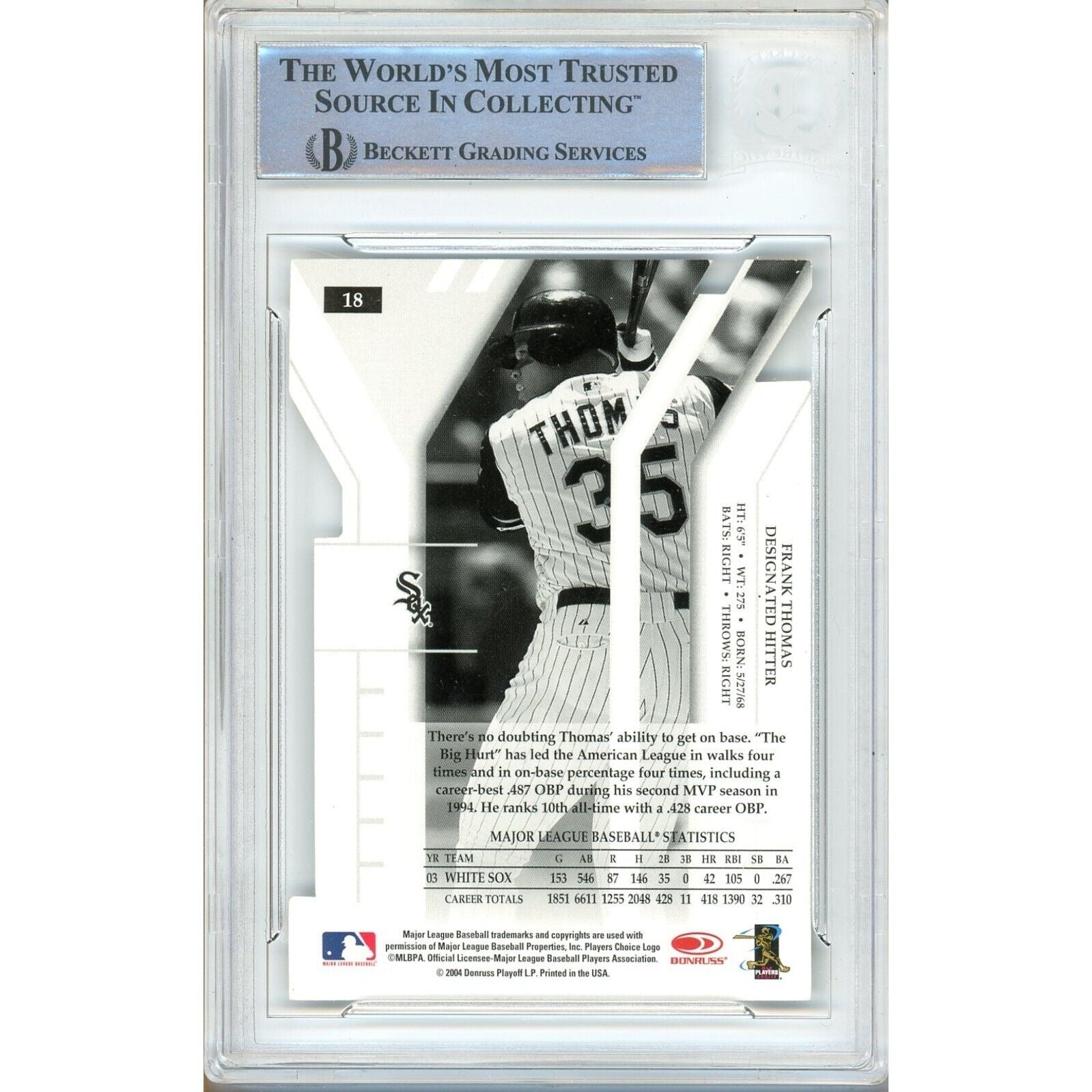 Baseballs- Autographed- Frank Thomas Chicago White Sox Signed 2004 Donruss Elite Extra Edition Turn of the Century Baseball Card Beckett Authentic Auto Slab Back