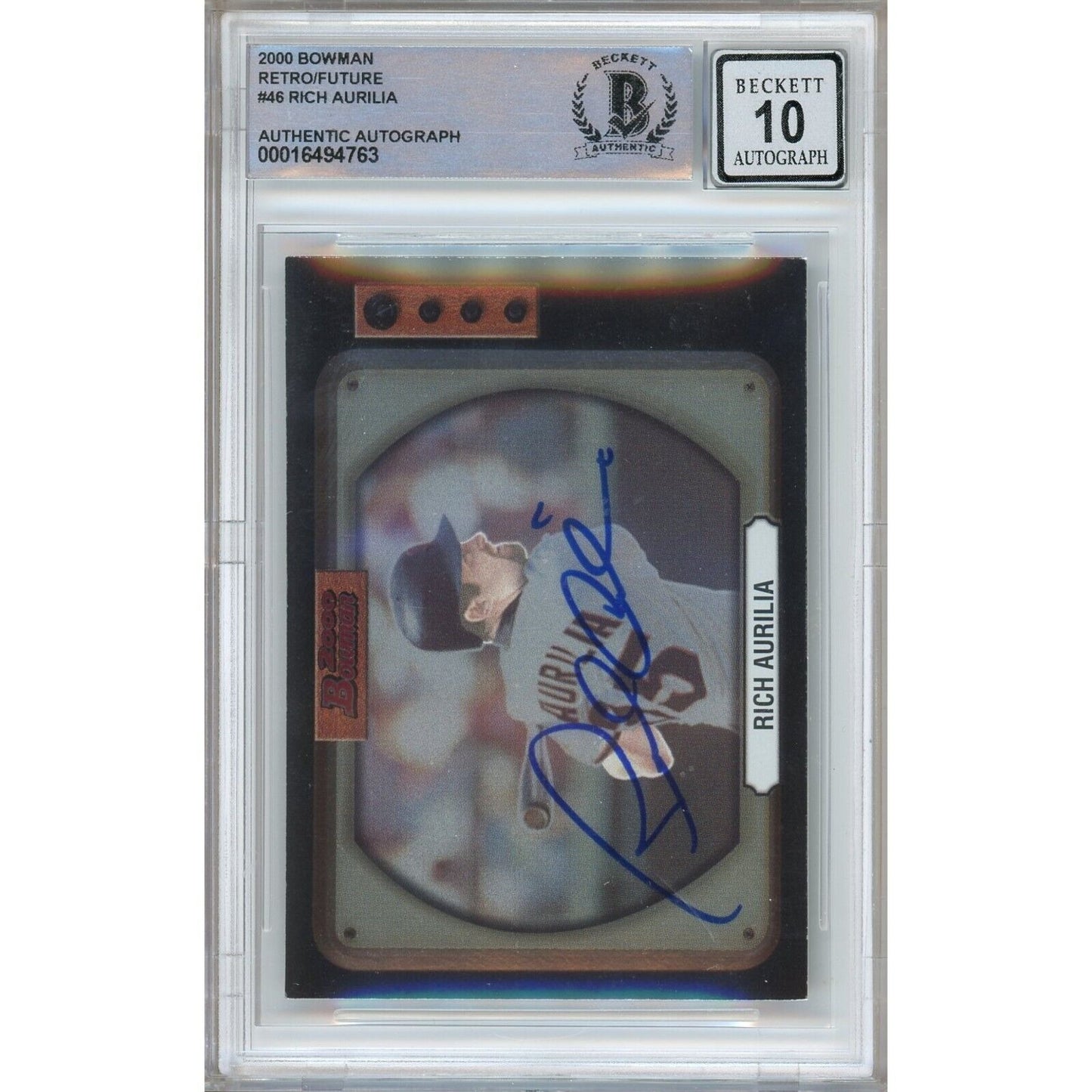 Baseballs- Autographed- Rich Aurilia SF Giants Signed 2000 Bowman Retrofuture Trading Card Beckett Authentic BGS Auto-10 Graded Slab Front