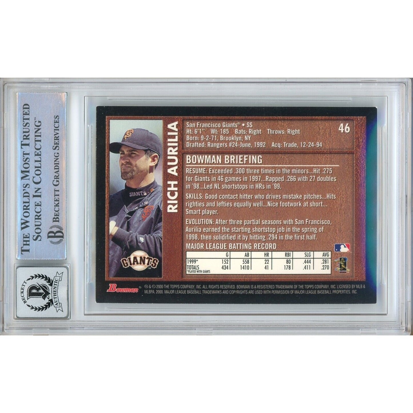 Baseballs- Autographed- Rich Aurilia San Francisco Giants Signed 2000 Bowman Retrofuture Trading Card Beckett Authentic BGS Auto-10 Graded Slab Back