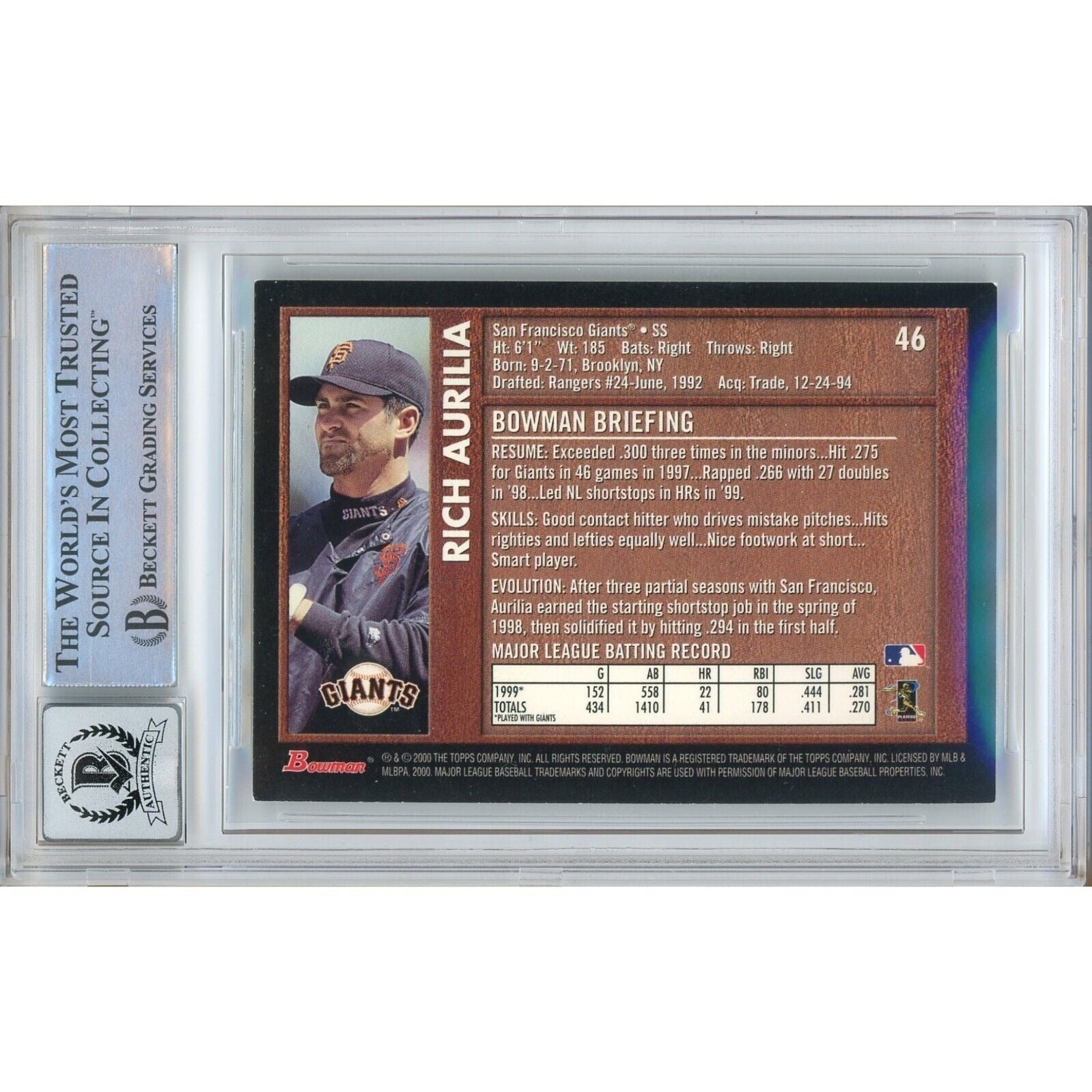Rich Aurilia San Francisco Giants auto trading card – authentication sticker – Beckett COA