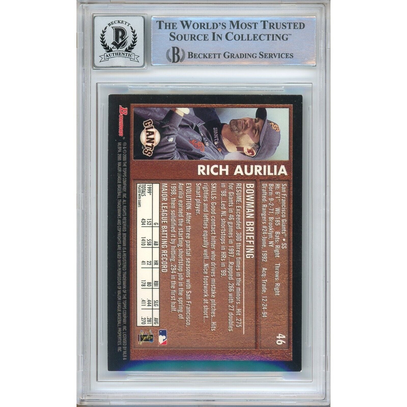 Rich Aurilia San Francisco Giants trading card autograph – angled display – Beckett COA