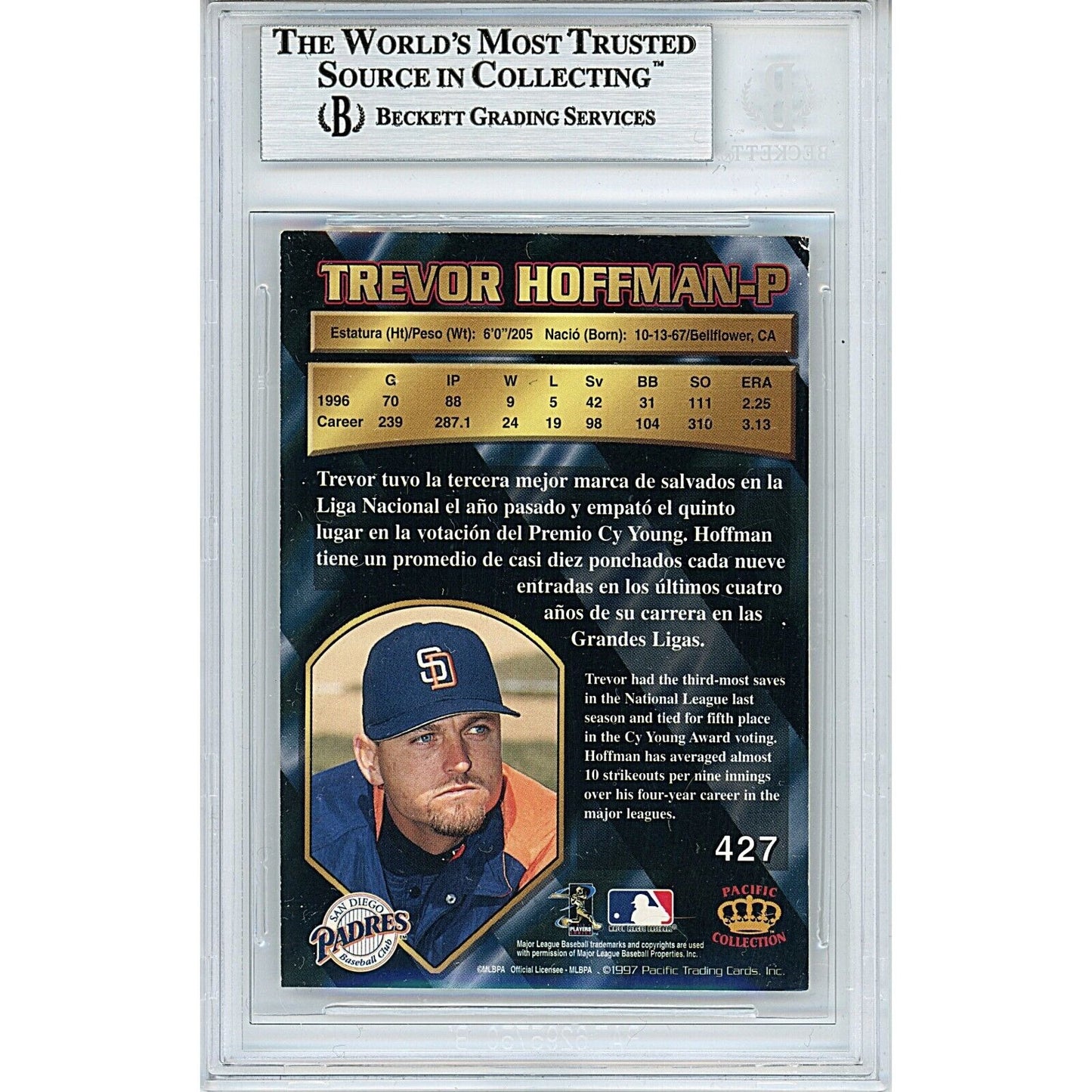 Baseballs- Autographed- Trevor Hoffman San Diego Padres Signed 1997 Pacific Crown Collection Trading Card Beckett Authentic Auto Slab Back