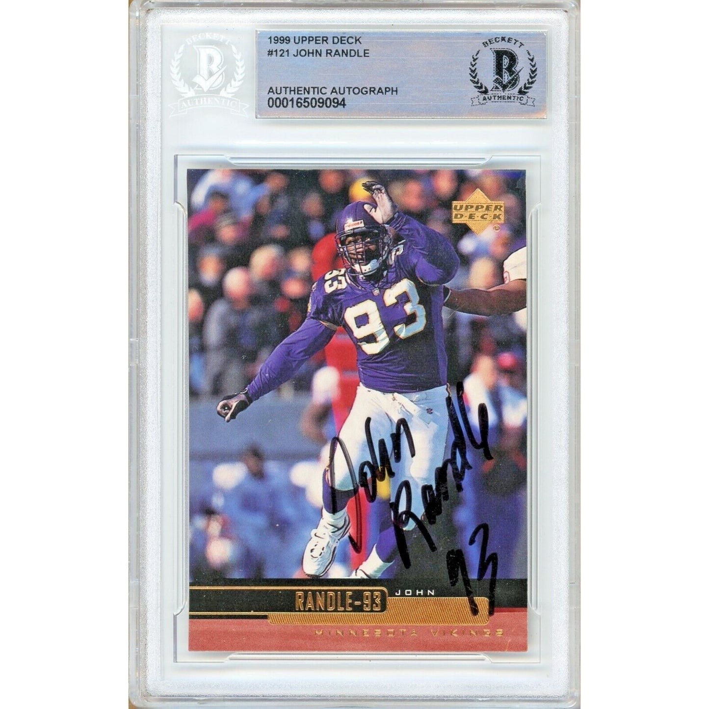 Footballs- Autographed- John Randle Minnesota Vikings Signed 1999 Upper Deck Football Card Beckett Authentic Auto Slab Front