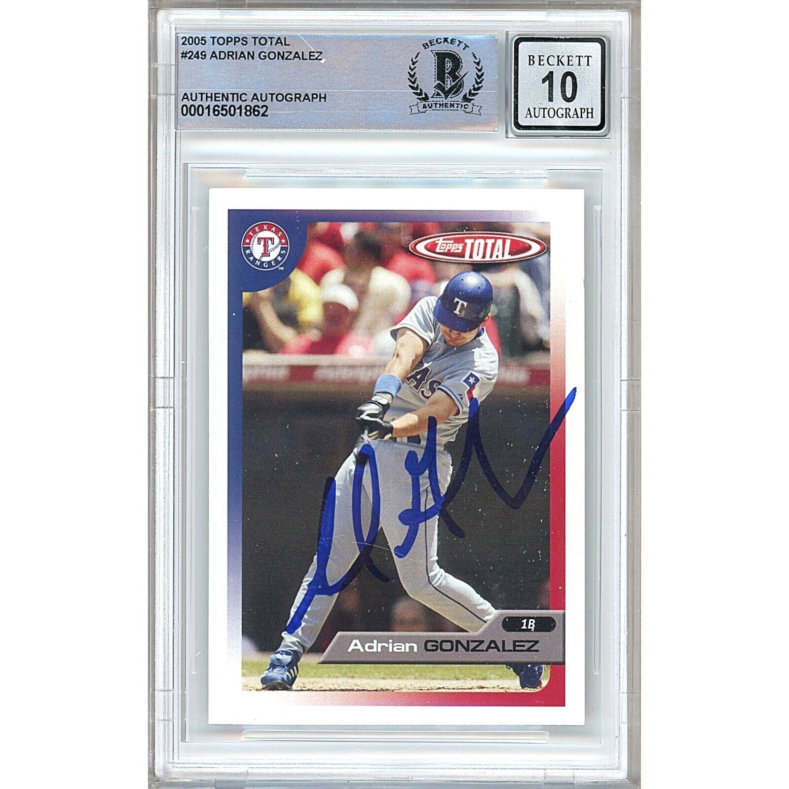 Baseballs- Autographed- Adrian Gonzalez Texas Rangers Signed 2005 Topps Total Baseball Card Beckett Authentic BGS Auto-10 Graded Front