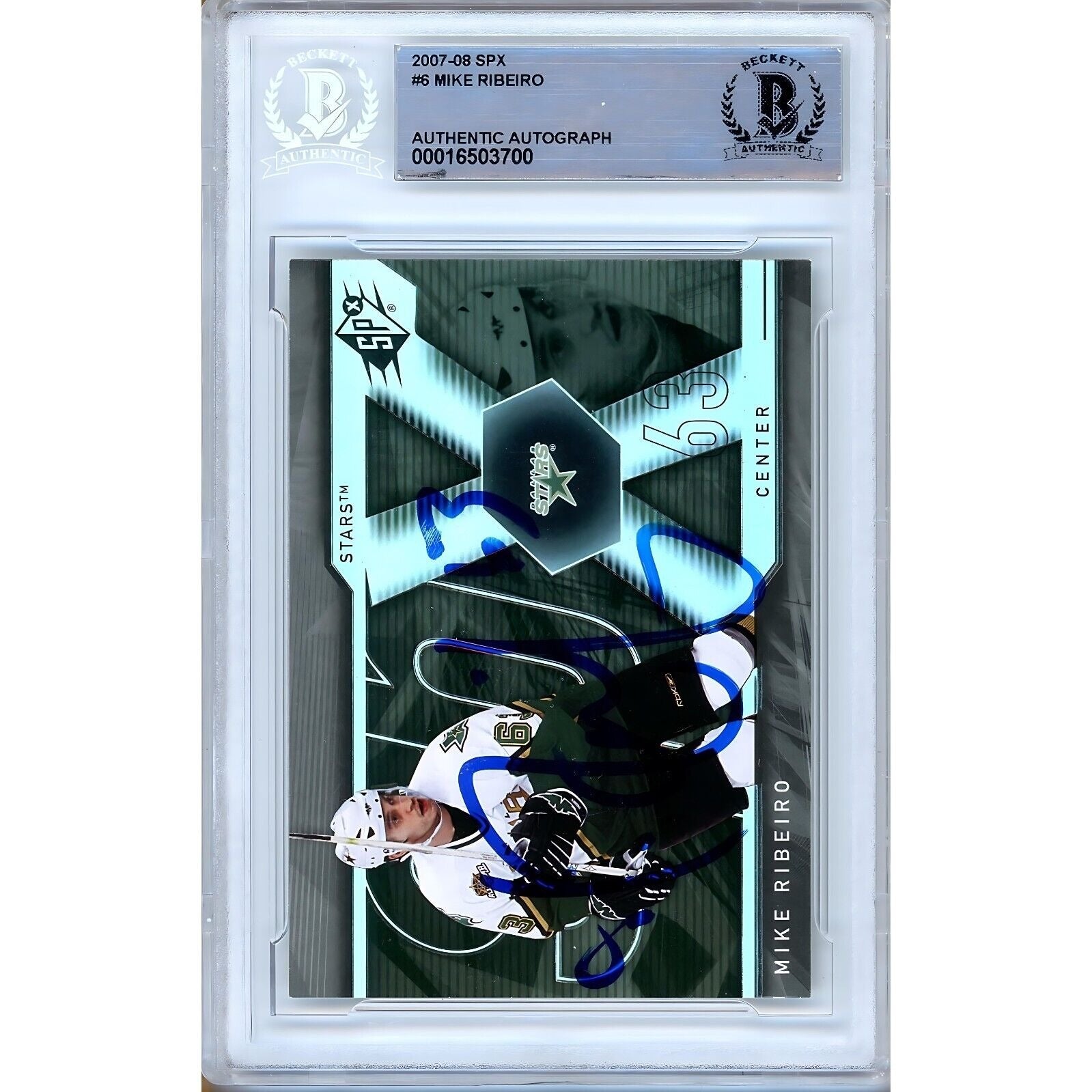 Hockey- Autographed- Mike Ribeiro Dallas Stars Signed 2007-08 Upper Deck SPx Hockey Card Beckett Authenticated Auto Slab Front