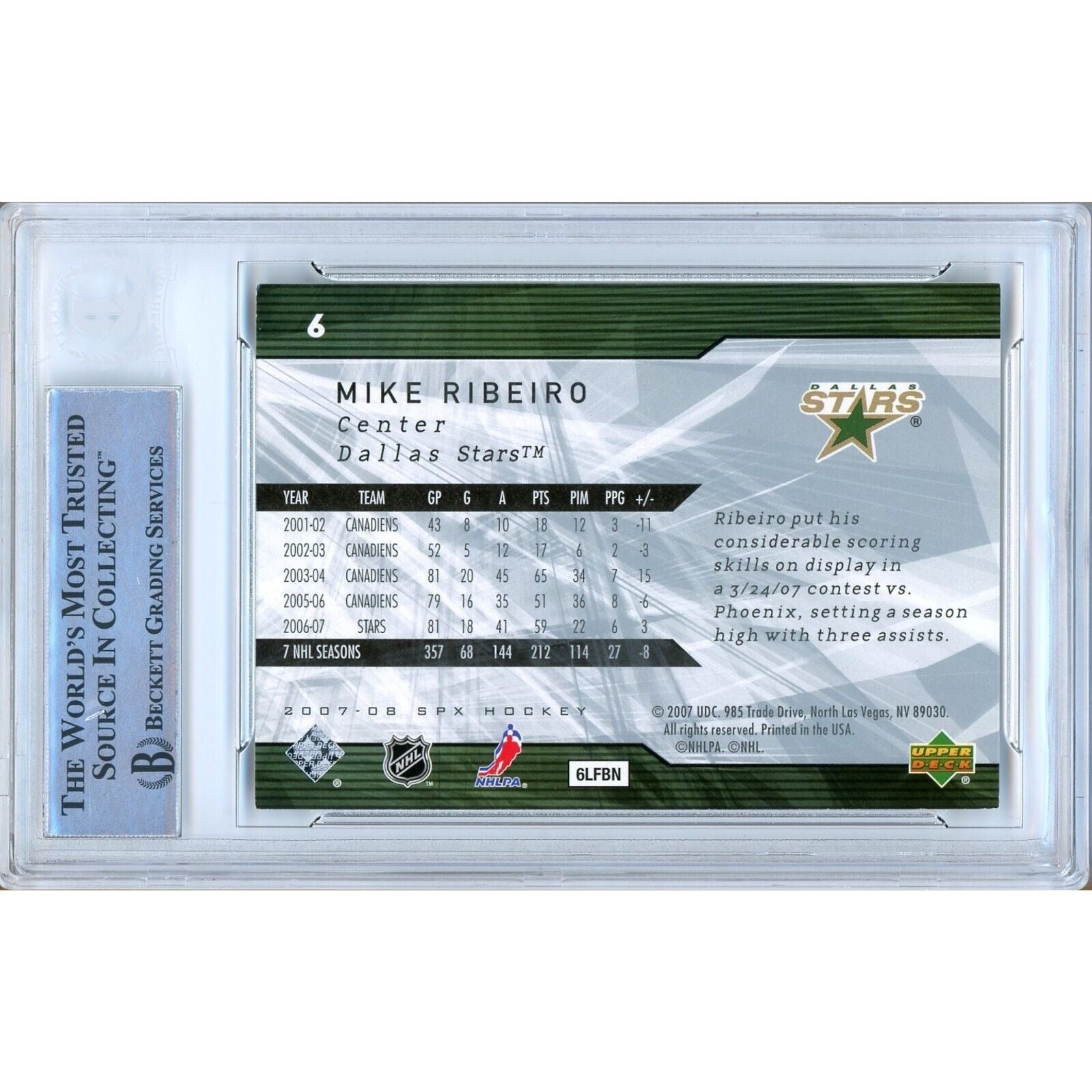 Hockey- Autographed- Mike Ribeiro Dallas Stars Signed 2007-08 Upper Deck SPx Hockey Card Beckett Authentic Auto Slab Back