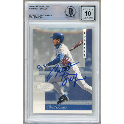 Baseballs- Autographed- Brett Butler Los Angeles Dodgers Signed 1996 Leaf Signature Baseball Card Beckett Authentic BGS Auto-10 Graded Slab Front