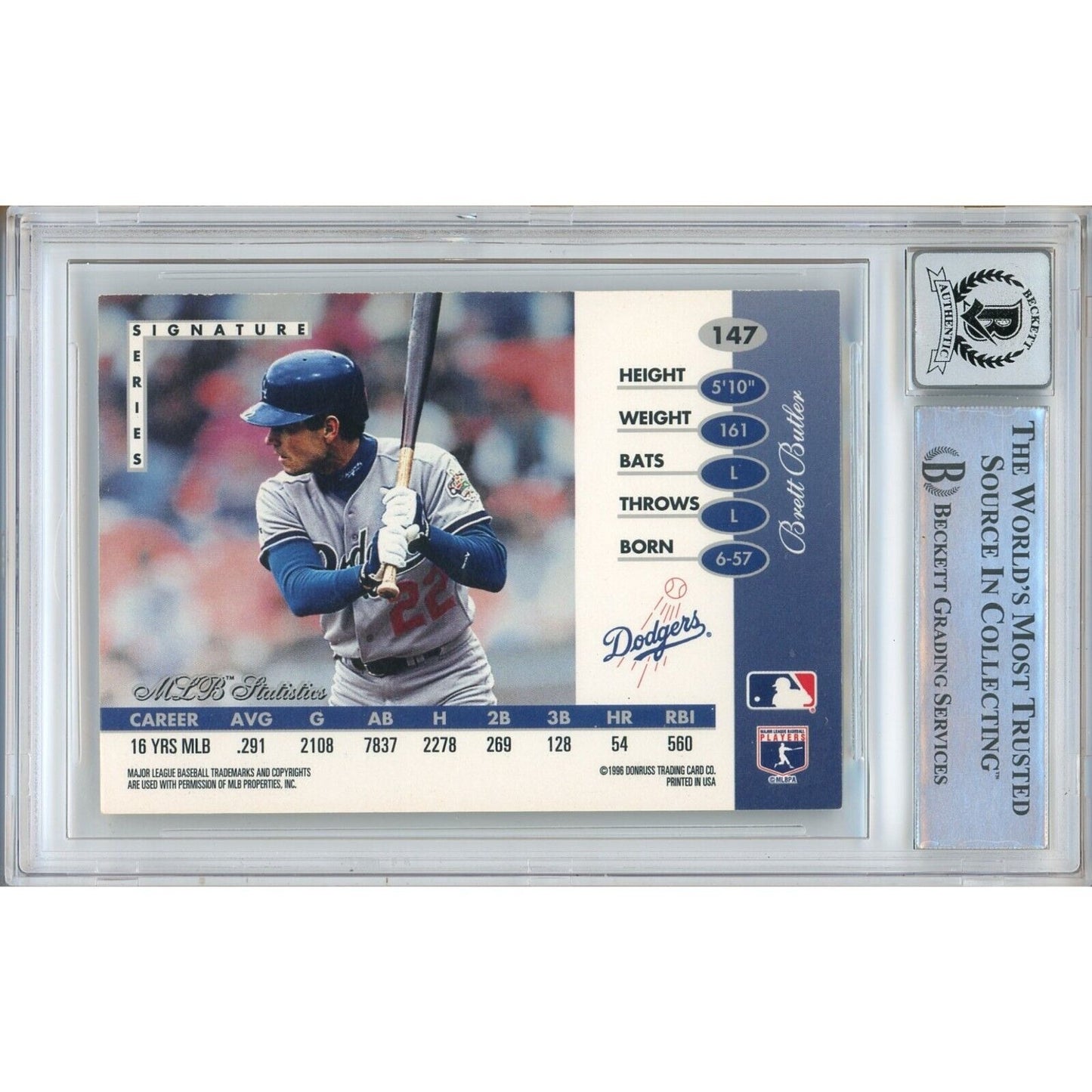 Baseballs- Autographed- Brett Butler Los Angeles Dodgers Signed 1996 Leaf Signature Baseball Card Beckett Authentic BGS Auto-10 Graded Slab Back