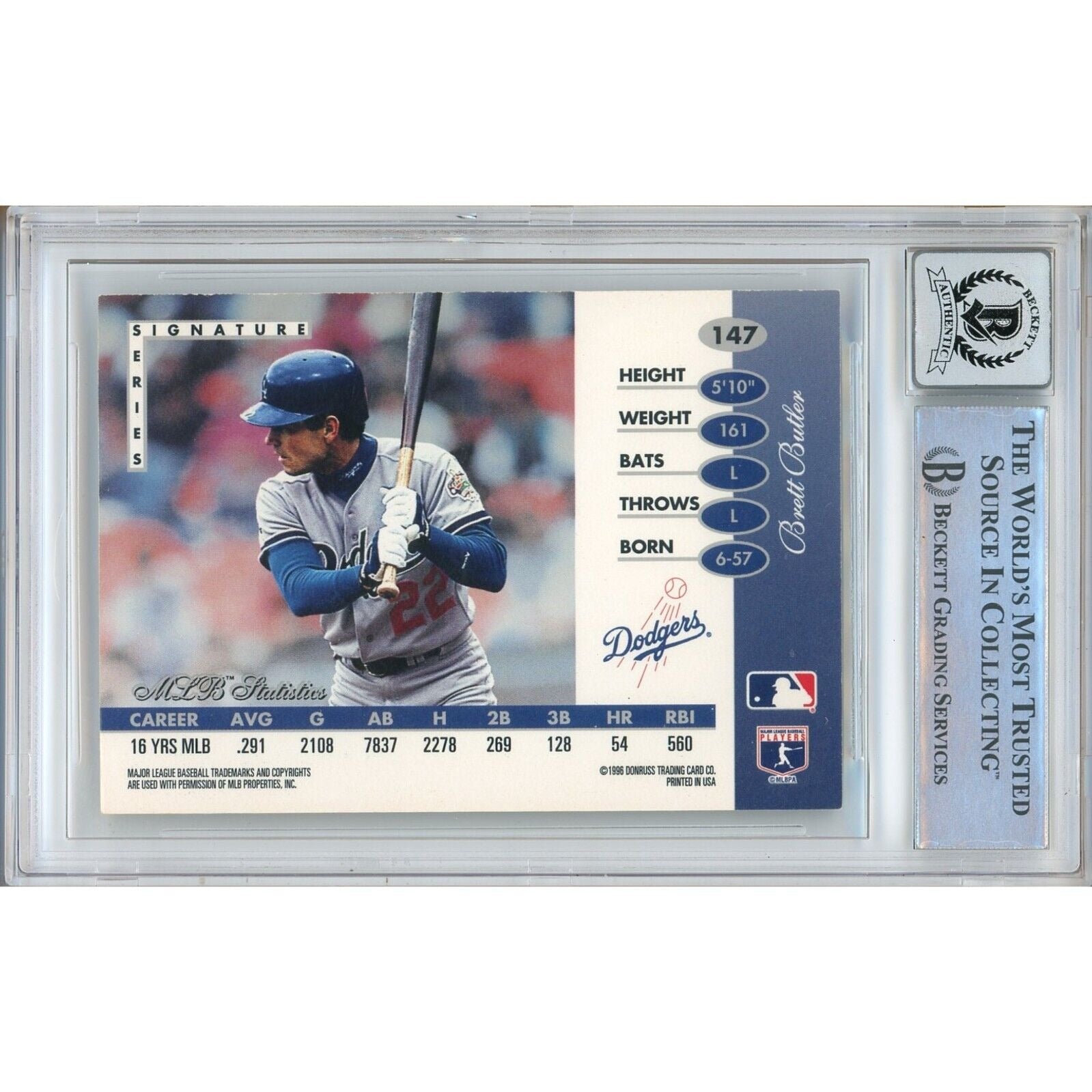 1996 Leaf #147 Brett Butler LA Dodgers Signed Trading Card – Beckett BAS