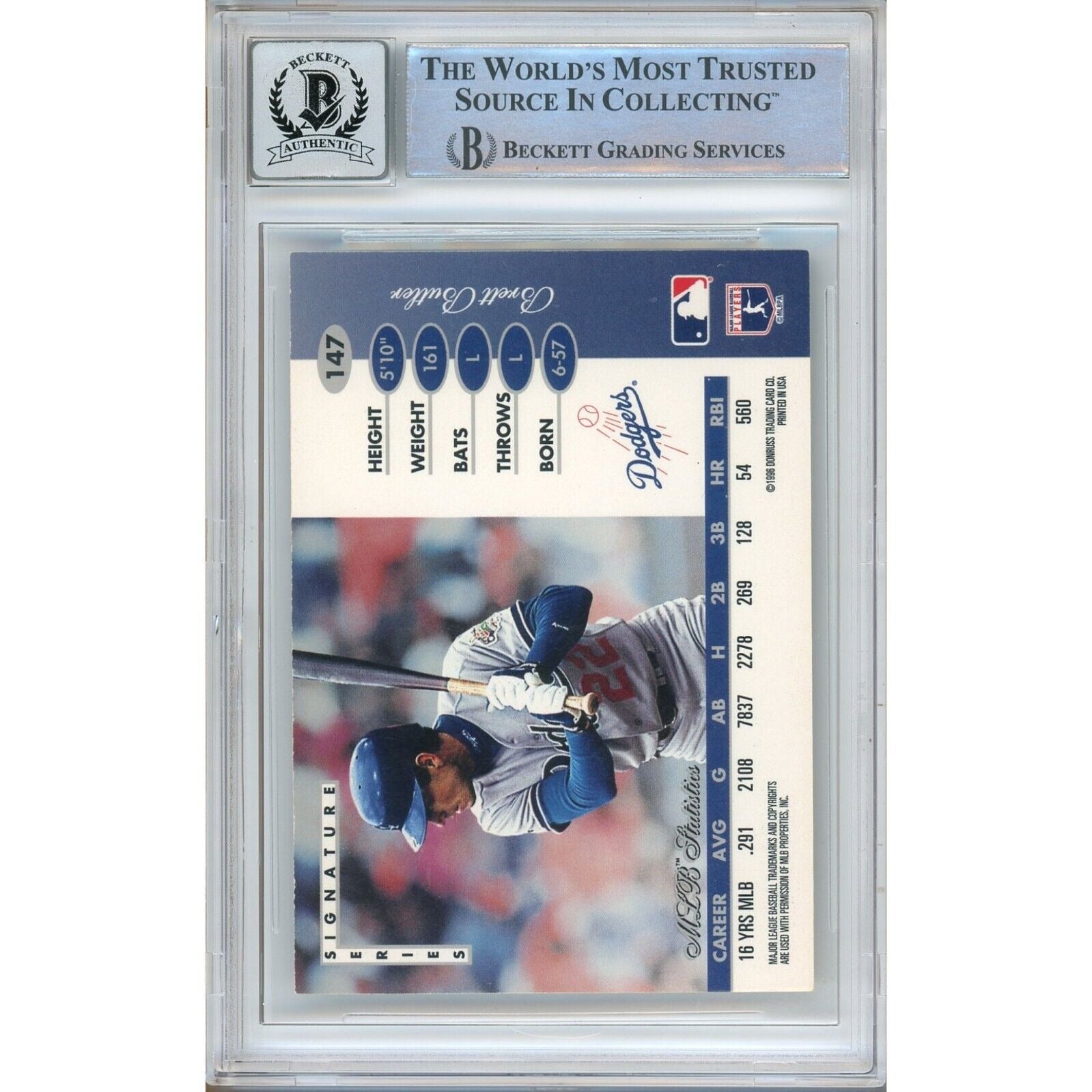 1996 Leaf #147 Brett Butler LA Dodgers Autograph Trading Card – Beckett BAS