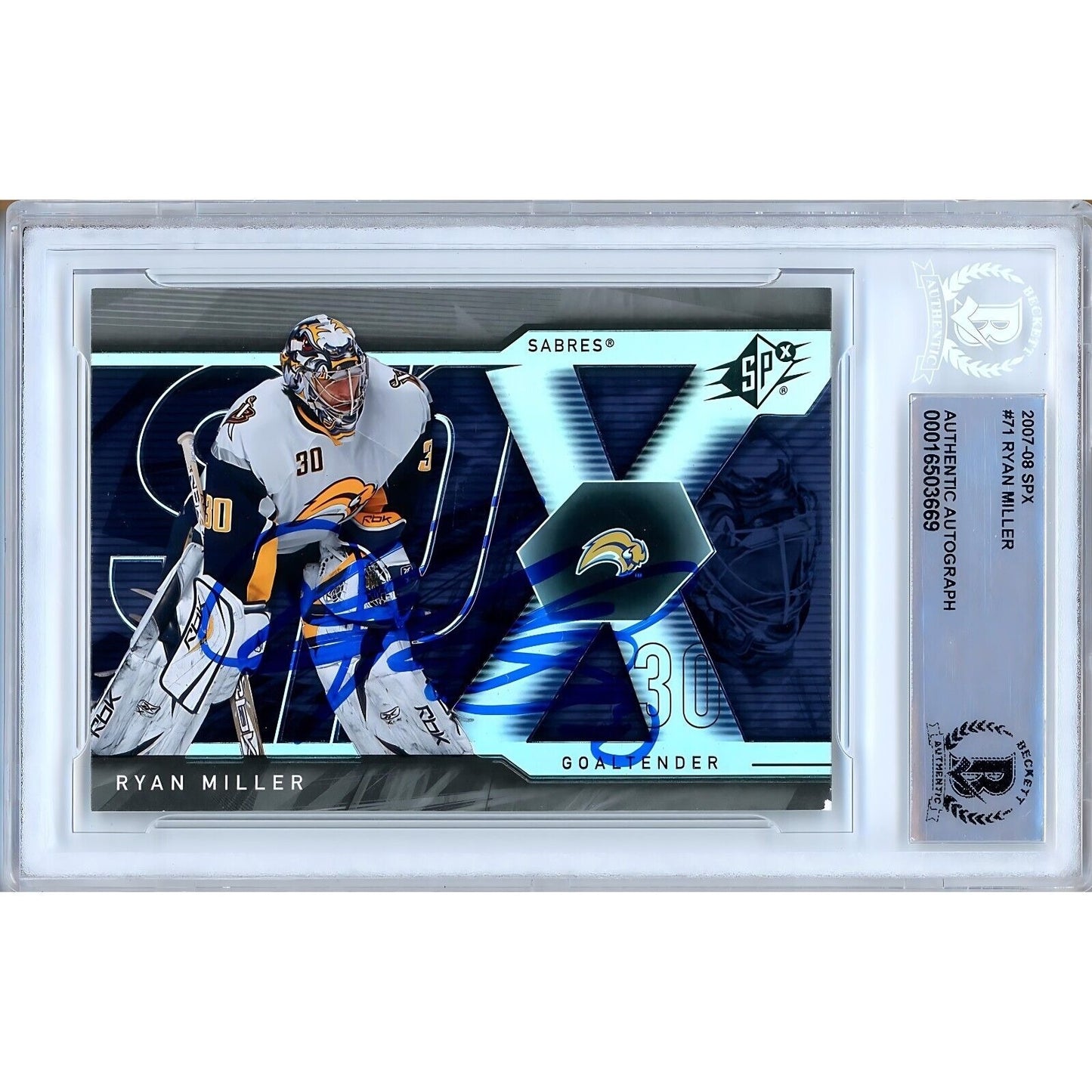 Hockey- Autographed- Ryan Miller Buffalo Sabres Signed 2007-08 Upper Deck SPx Trading Card Beckett Authentic Auto Slab Front