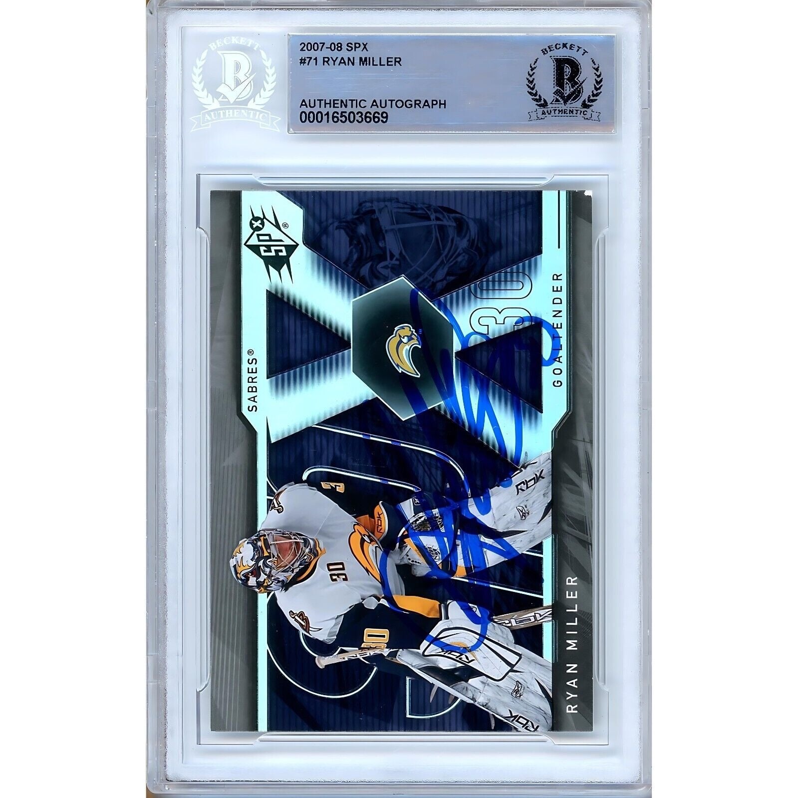 Ryan Miller Buffalo Sabres signed trading card – signature close-up – Beckett COA