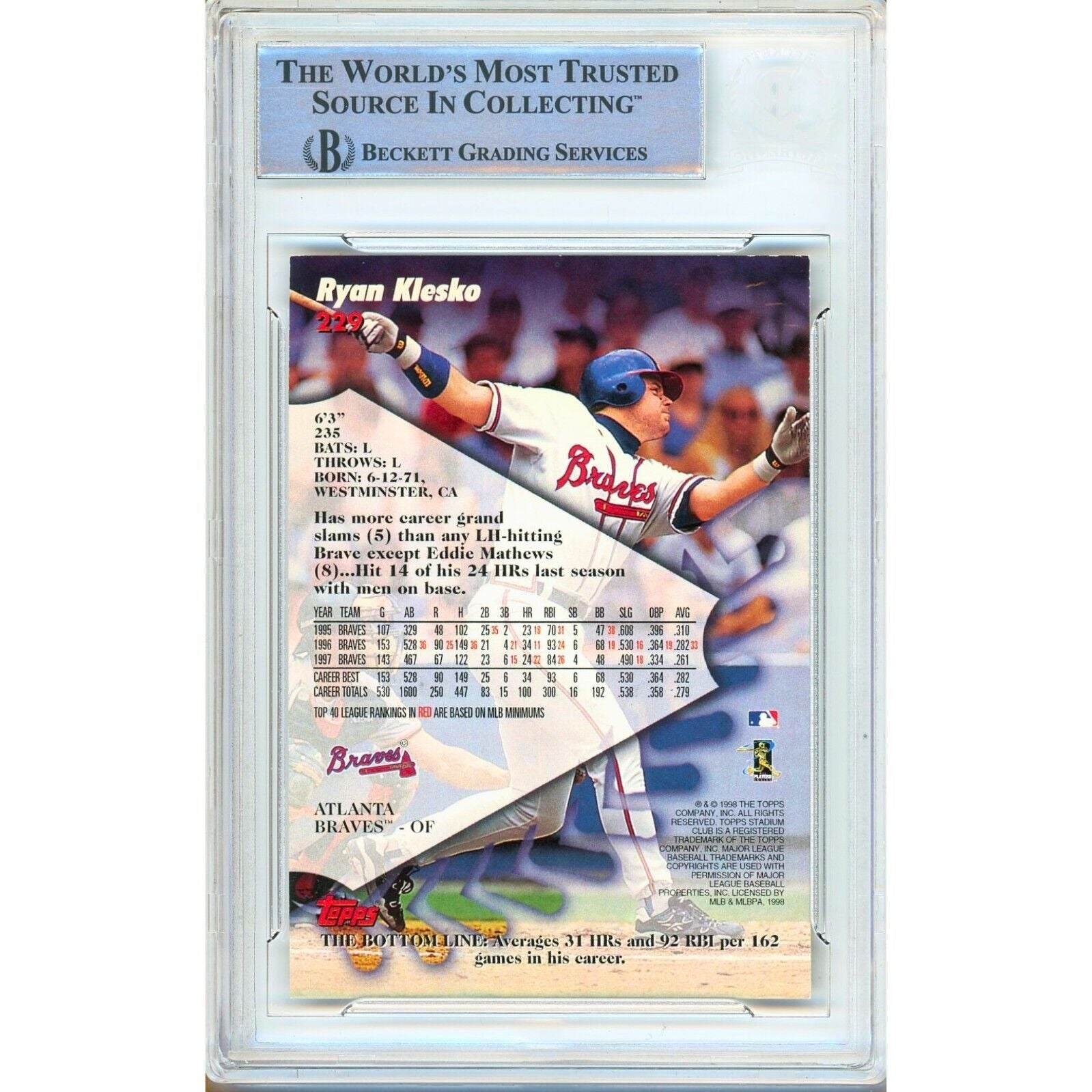 Baseballs- Autographed- Ryan Klesko Atlanta Braves Signed 1996 Topps Stadium Club Trading Card Beckett Authentic Auto Slab Back