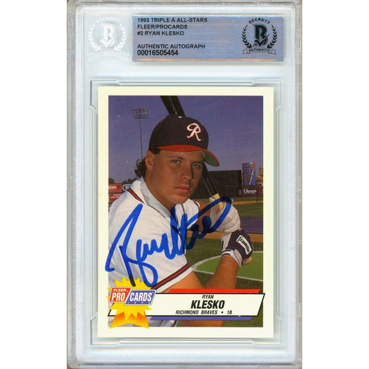 Baseballs- Autographed- Ryan Klesko Atlanta Braves Signed 1993 Triple A All Stars Fleer Procards Rookie Trading Card Beckett Authentic Auto Slab Front