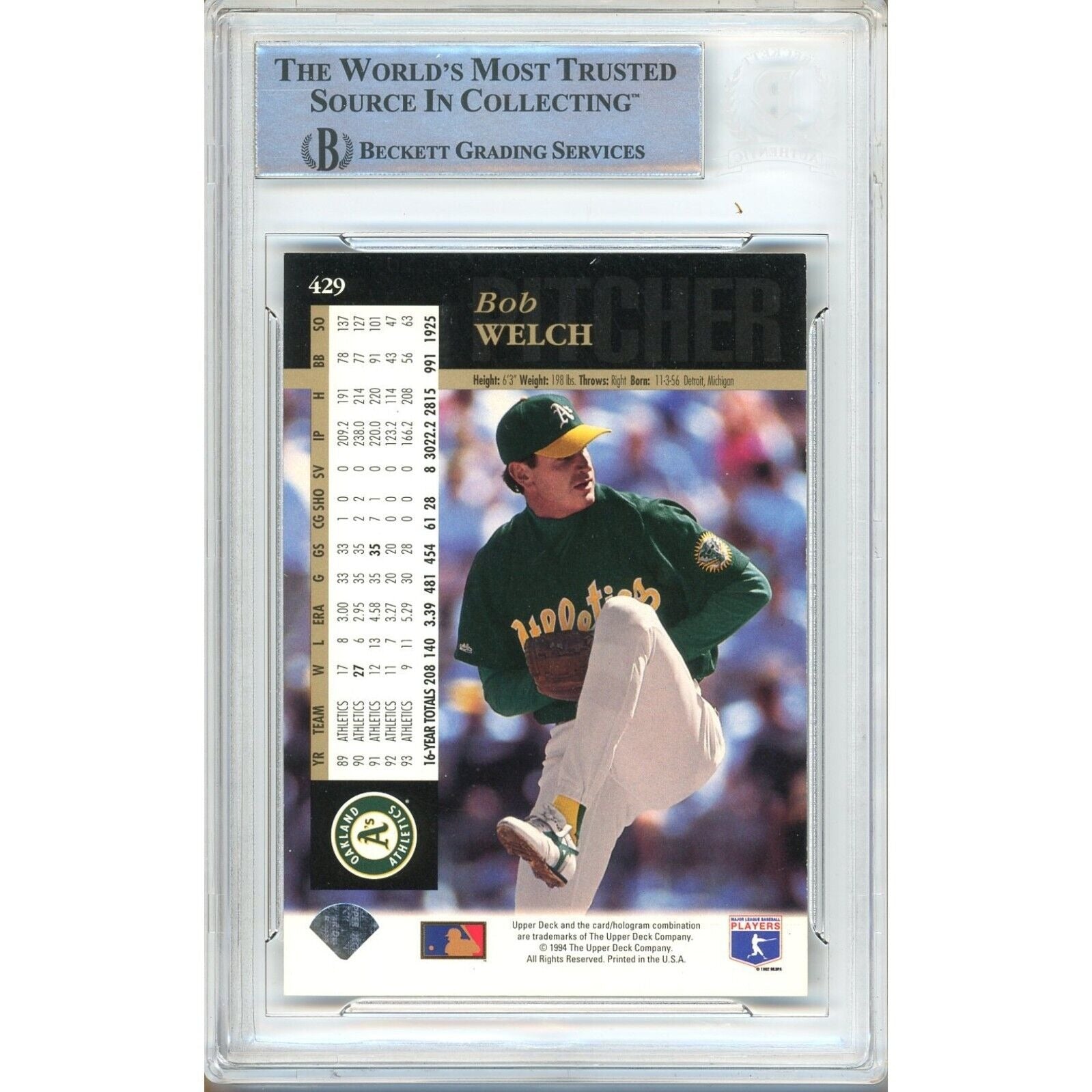 Baseballs- Autographed- Bob Welch Oakland Athletics Signed 1994 Upper Deck Baseball Card Beckett Authentic Auto Slab Back