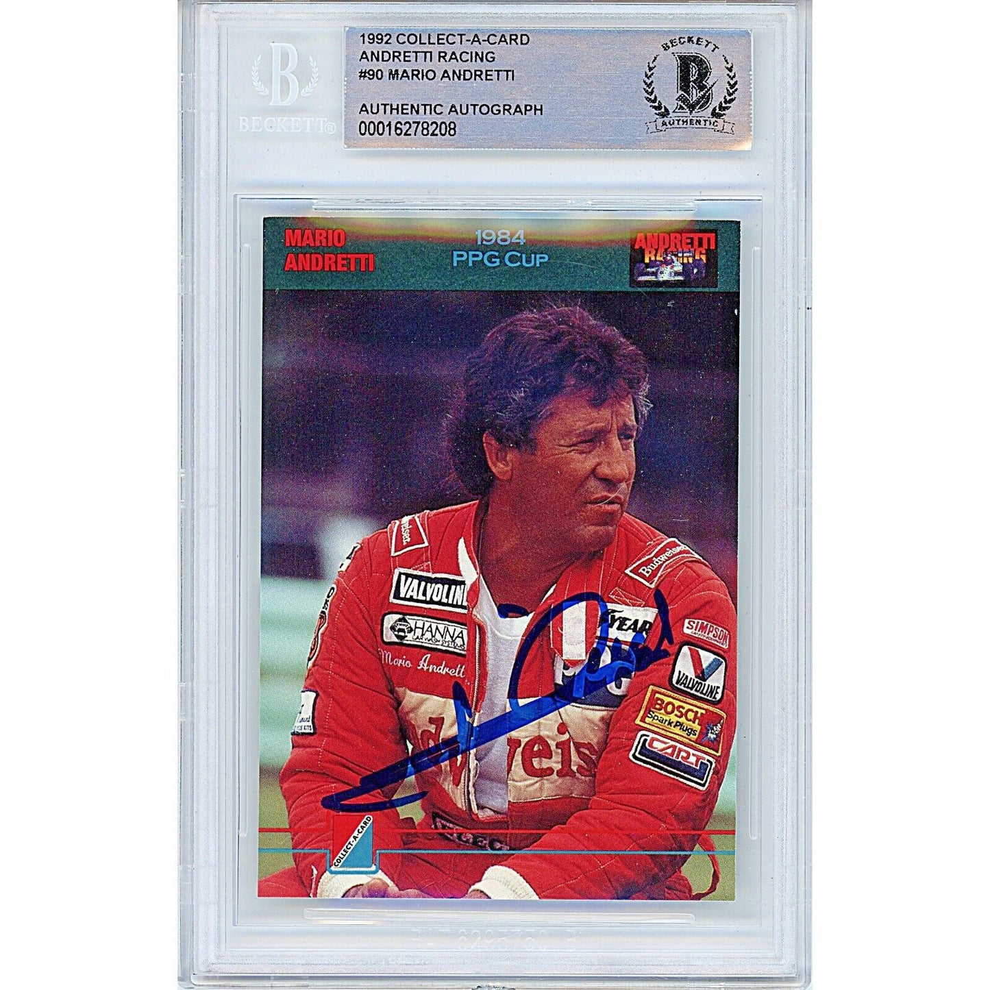 Autographs- Mario Andretti Signed 1992 Collect-A-Card Racing Trading Card Beckett Authentic Auto Slab Front