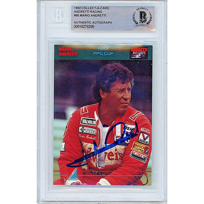 Autographs- Mario Andretti Signed 1992 Collect-A-Card Racing Trading Card Beckett Authentic Auto Slab Front