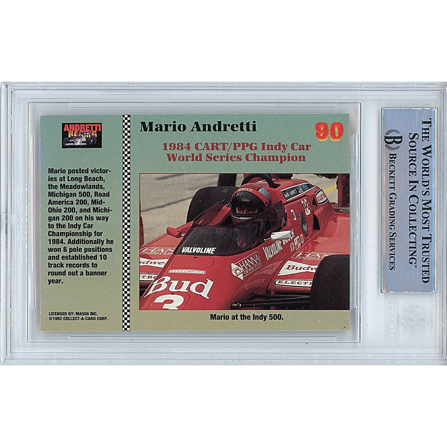 Autographs- Mario Andretti Signed 1992 Collect-A-Card Racing Trading Card Beckett Authentic Auto Slab Back