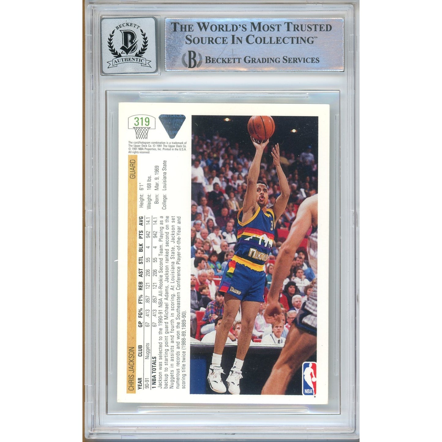 Basketballs- Autographed- Chris Jackson aka Mahmoud Abdul Rauf Denver Nuggets Signed 1991-92 Upper Deck Basketball Card Beckett Authentic BGS Auto-10 Graded Slab Back 202