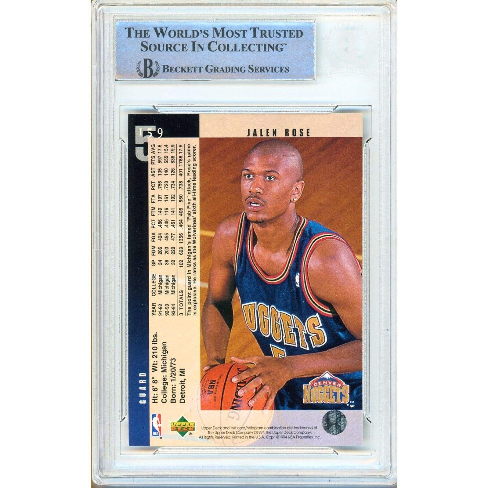 Basketballs- Autographed- Jalen Rose Denver Nuggets Signed 1994-95 Upper Deck Rookie Basketball Card Beckett Authentic Auto Slab Back