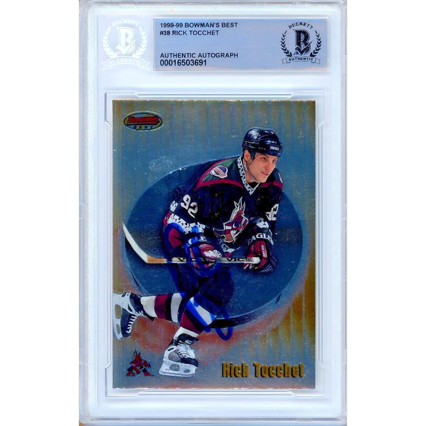 Hockey- Autographed- Rick Tocchet Arizona Coyotes Signed 1998-99 Bowman's Best Trading Card Beckett Authentic Auto Slab Front