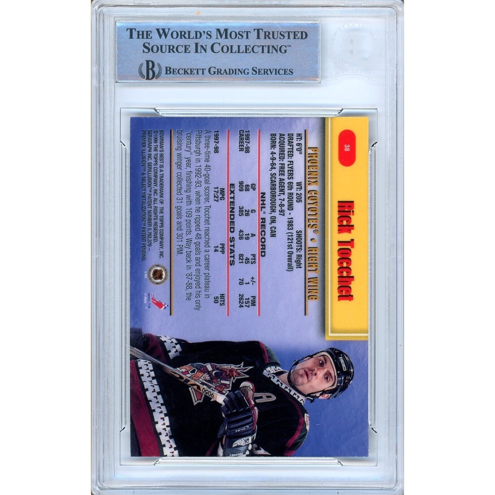 Hockey- Autographed- Rick Tocchet AZ Coyotes Signed 1998-99 Bowman's Best Trading Card Beckett Authentic Auto Slab Back