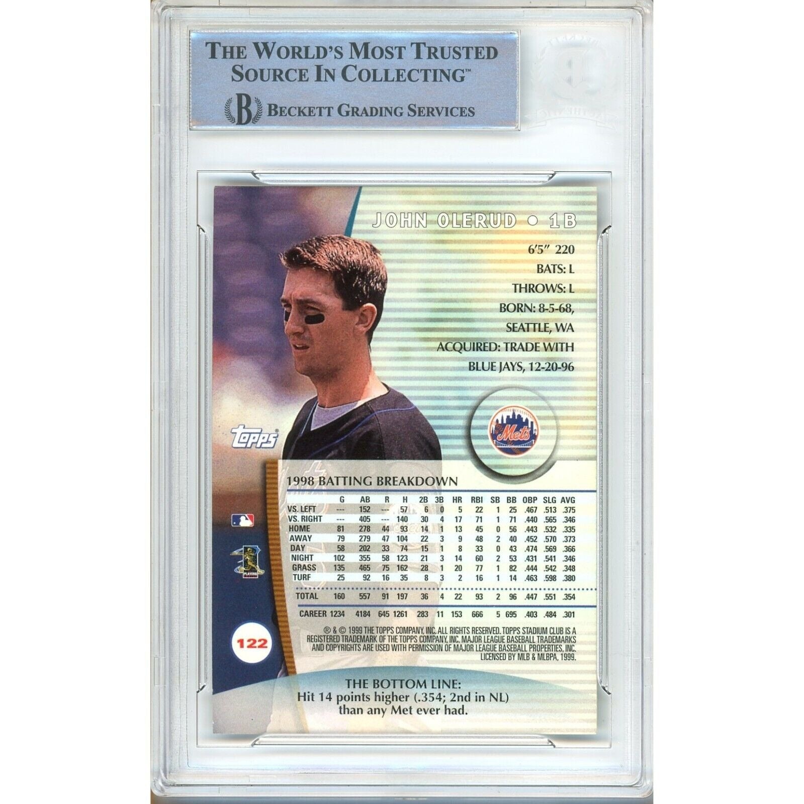 Baseballs- Autographed- John Olerud New York Mets Signed 1999 Topps Stadium Club Baseball Card Beckett Authentic Auto Slab Back