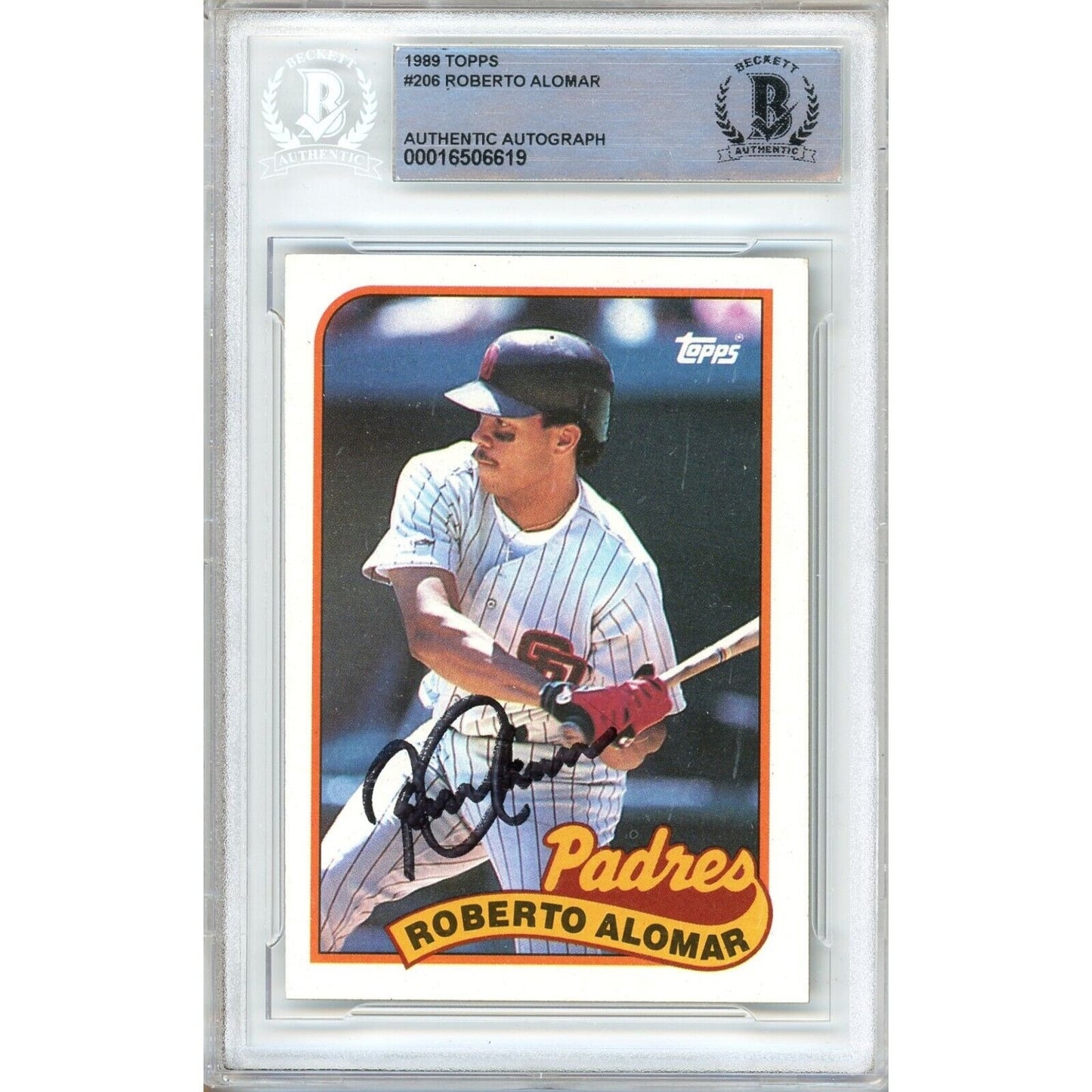 Baseballs- Autographed- Roberto Alomar San Diego Padres Signed 1989 Topps Trading Card Beckett Authentic Auto Slab Front