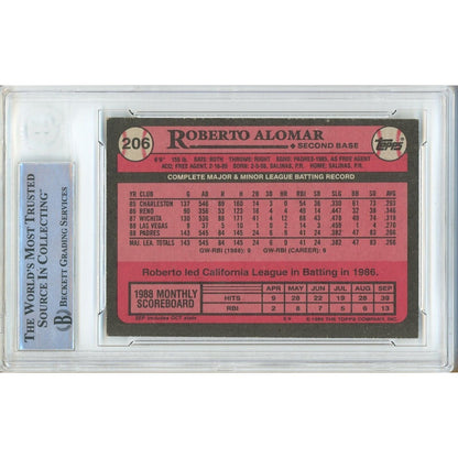 Baseballs- Autographed- Roberto Alomar San Diego Padres Signed 1989 Topps Trading Card Beckett Authentic Auto Slab Back