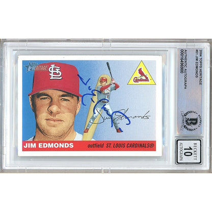 Baseballs- Autographed- Jim Edmonds St Louis Cardinals Signed 2004 Topps Heritage Baseball Card Beckett Authentic BGS Auto-10 Graded Slab Front