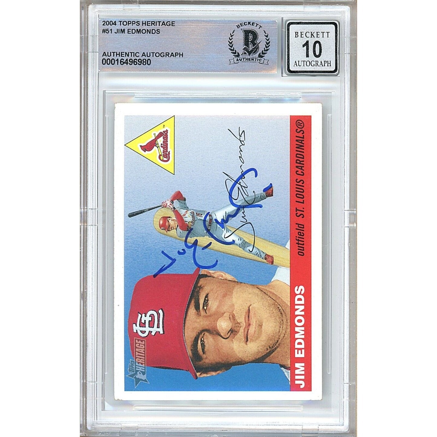 Baseballs- Autographed- Jim Edmonds Saint Louis Cardinals Signed 2004 Topps Heritage Baseball Card Beckett Authentic BGS Auto-10 Graded Slab Front