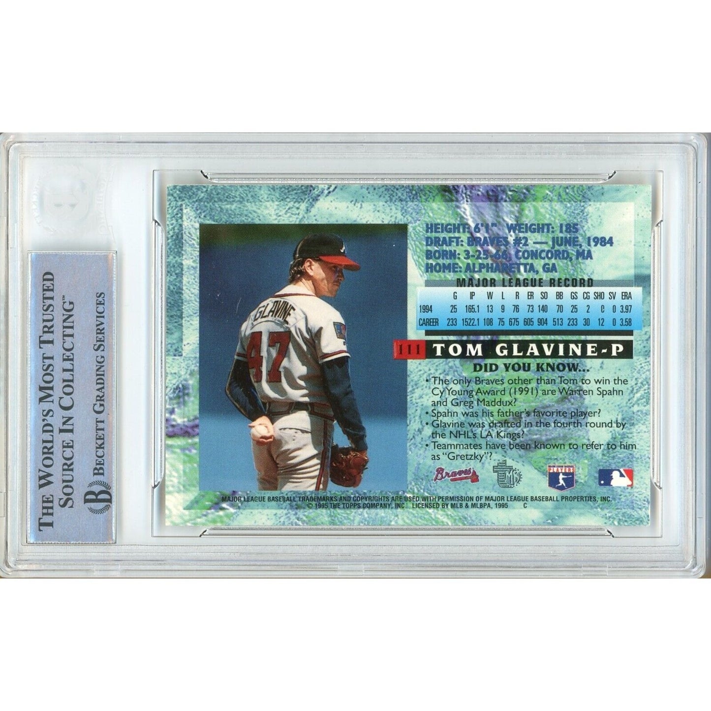 Baseballs- Autographed- Tom Glavine Atlanta Braves Signed 1996 Topps Embossed Golden Idols Trading Card Beckett Authentic Auto Slab Back