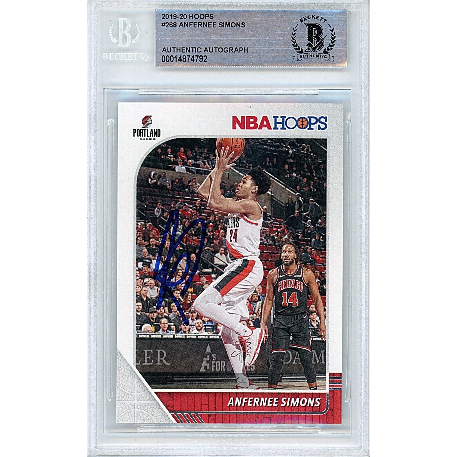 Basketballs- Autographed- Anfernee Simons Portland Trail Blazers Signed 2019-20 Hoops Basketball Card Beckett Authentic Auto Slab Front