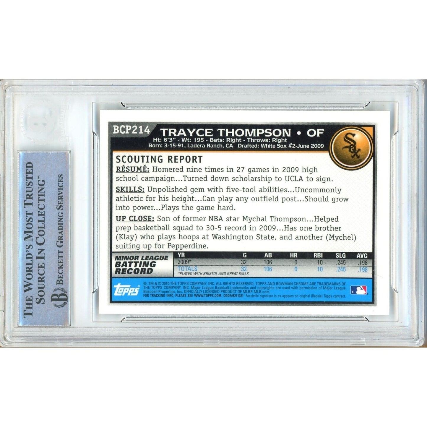 Baseballs- Autographed- Trayce Thompson Chicago White Sox Signed 2010 Bowman Chrome Prospects Rookie Trading Card Beckett Authentic Auto Slab Back