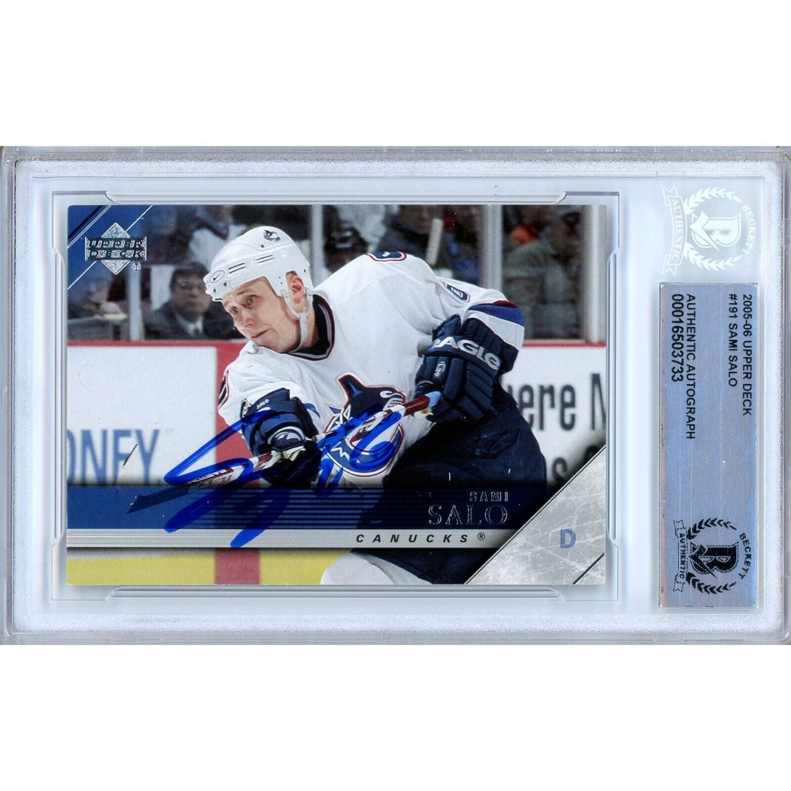 Hockey- Autographed- Sami Salo Vancouver Canucks Signed 2005-06 Upper Deck Trading Card Beckett Authentic Auto Slab Front