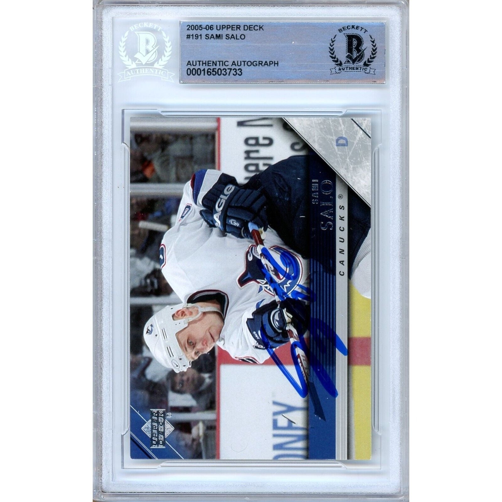 Sami Salo Vancouver Canucks signed trading card – signature close-up – Beckett COA