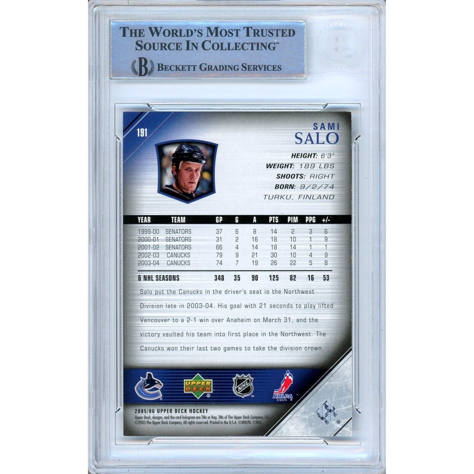 Sami Salo Vancouver Canucks auto trading card – authentication sticker – Beckett COA