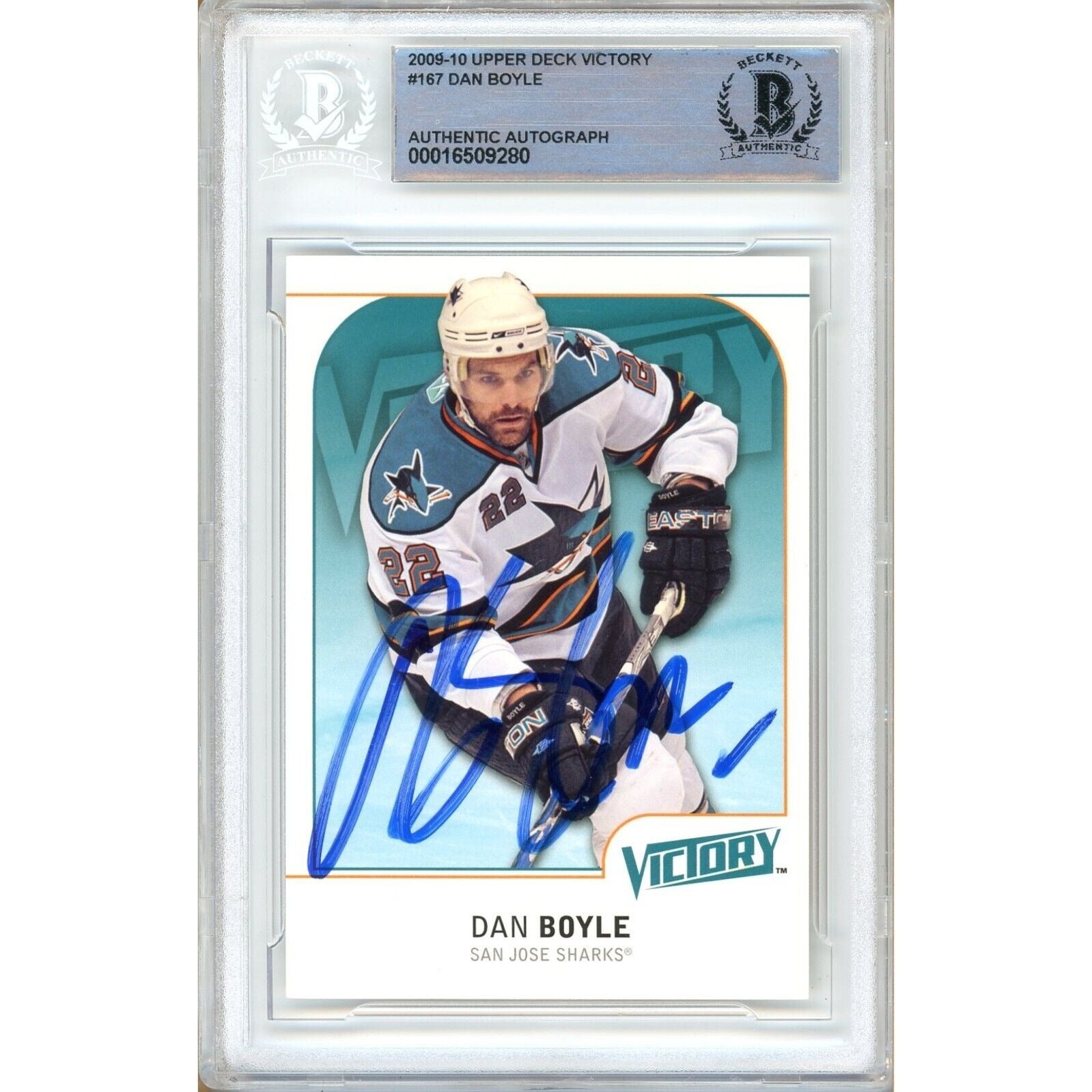 Hockey- Autographed- Dan Boyle San Jose Sharks Signed 2009-10 Upper Deck Victory Hockey Card Beckett Authentic Auto Slab Front