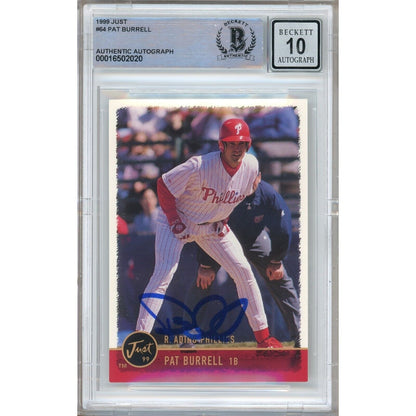 Baseballs- Autographed- Pat Burrell Philadelphia Phillies Signed 1999 Just Minors Rookie Baseball Card Beckett Authentic BGS Auto-10 Graded Slab Front