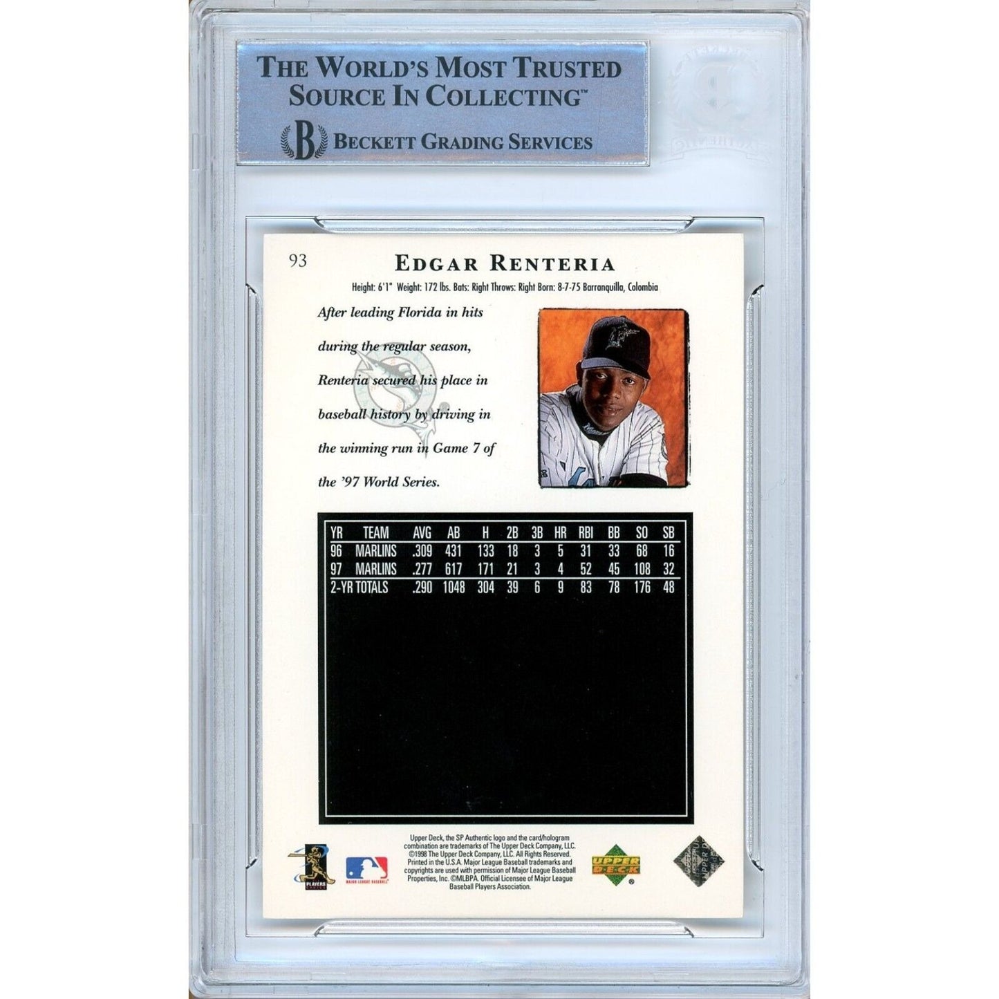 Baseballs- Autographed- Edgar Renteria Miami Marlins Signed 1998 SP Authentic Baseball Card Beckett Auth Auto Slab Back