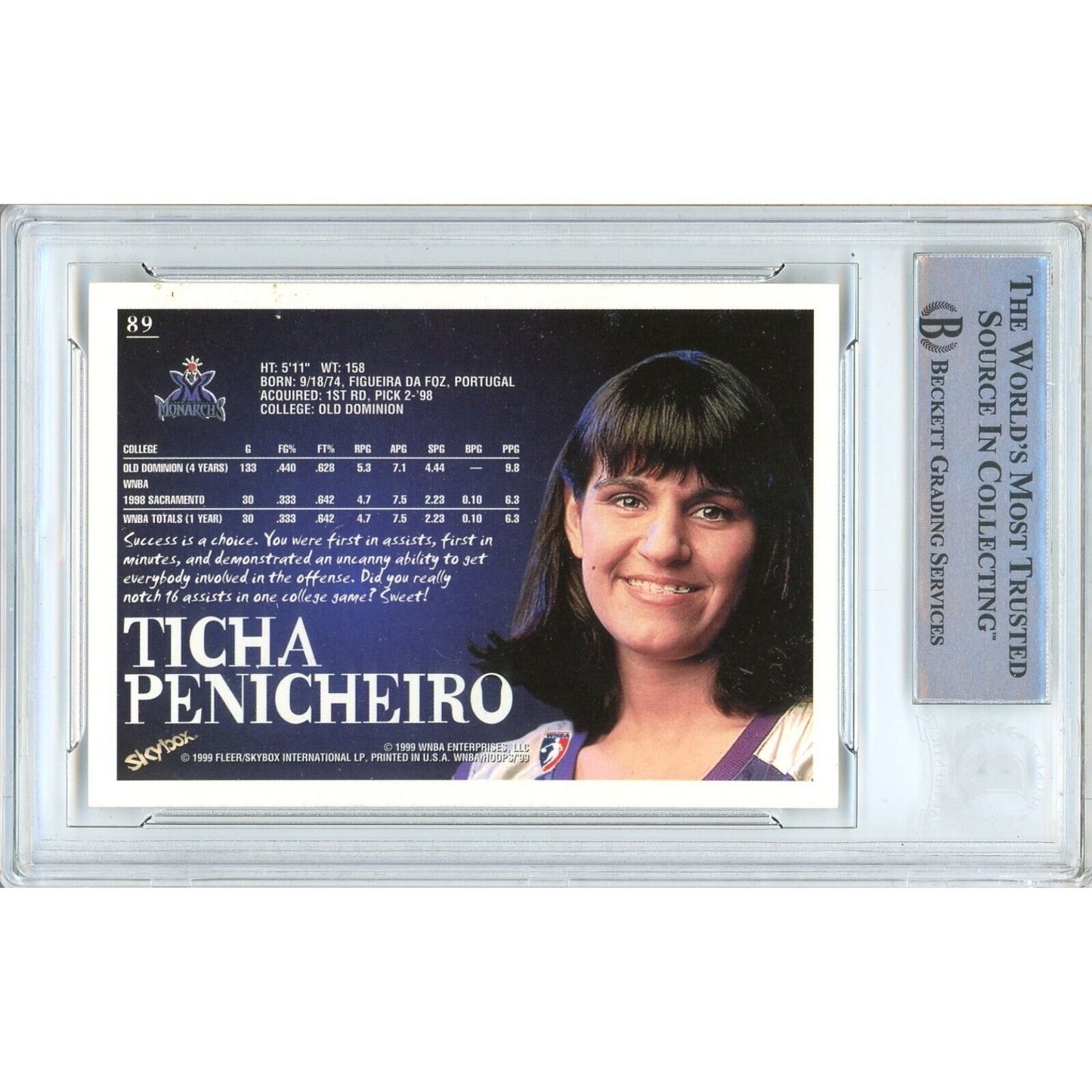 Basketballs- Autographed-  Ticha Penicheiro Sacramento Monarchs Signed 1999 Hoops WNBA Trading Card Beckett Authentic Auto Slab Back