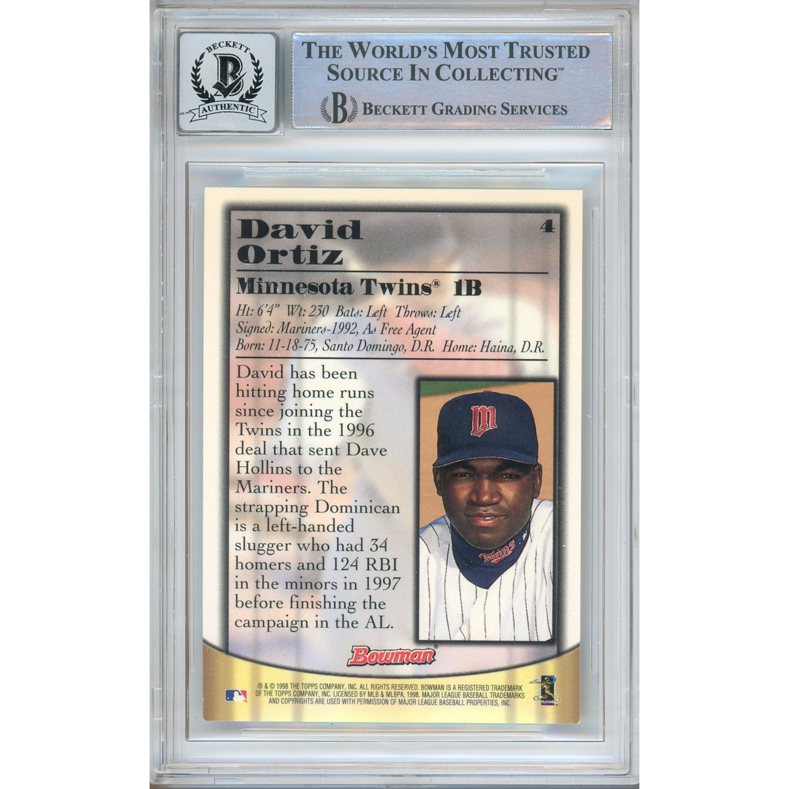 Baseball trading card of David Ortiz with Beckett Grading Services authentication on a white background