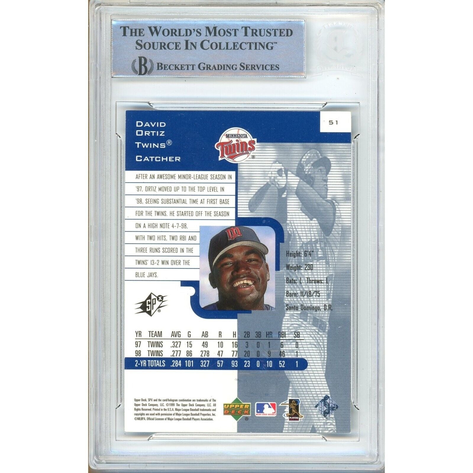 1999 SPx #51 David Ortiz Minnesota Twins Signed Trading Card – Beckett BAS