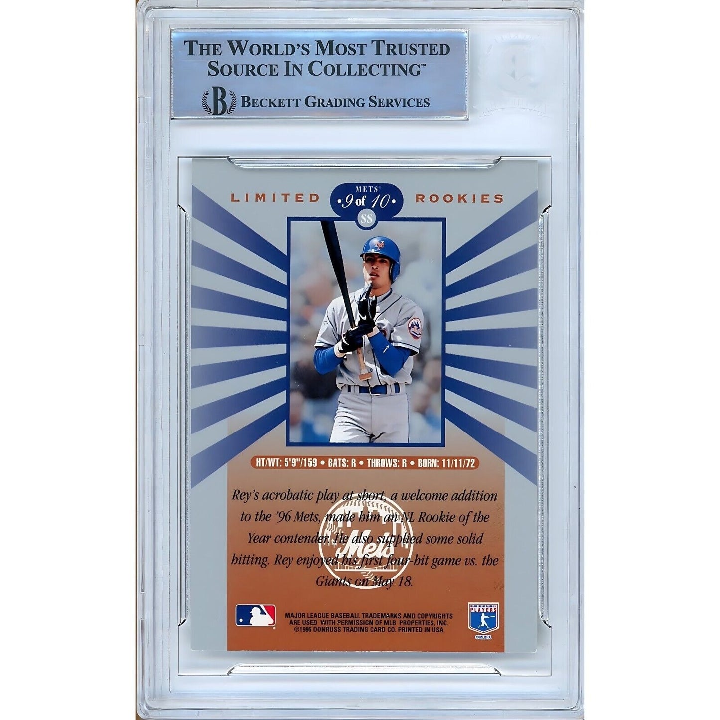 Baseballs- Autographed- Rey Ordonez New York Mets Signed 1996 Leaf Limited Rookies Trading Card Beckett Authentic Auto Slab Back