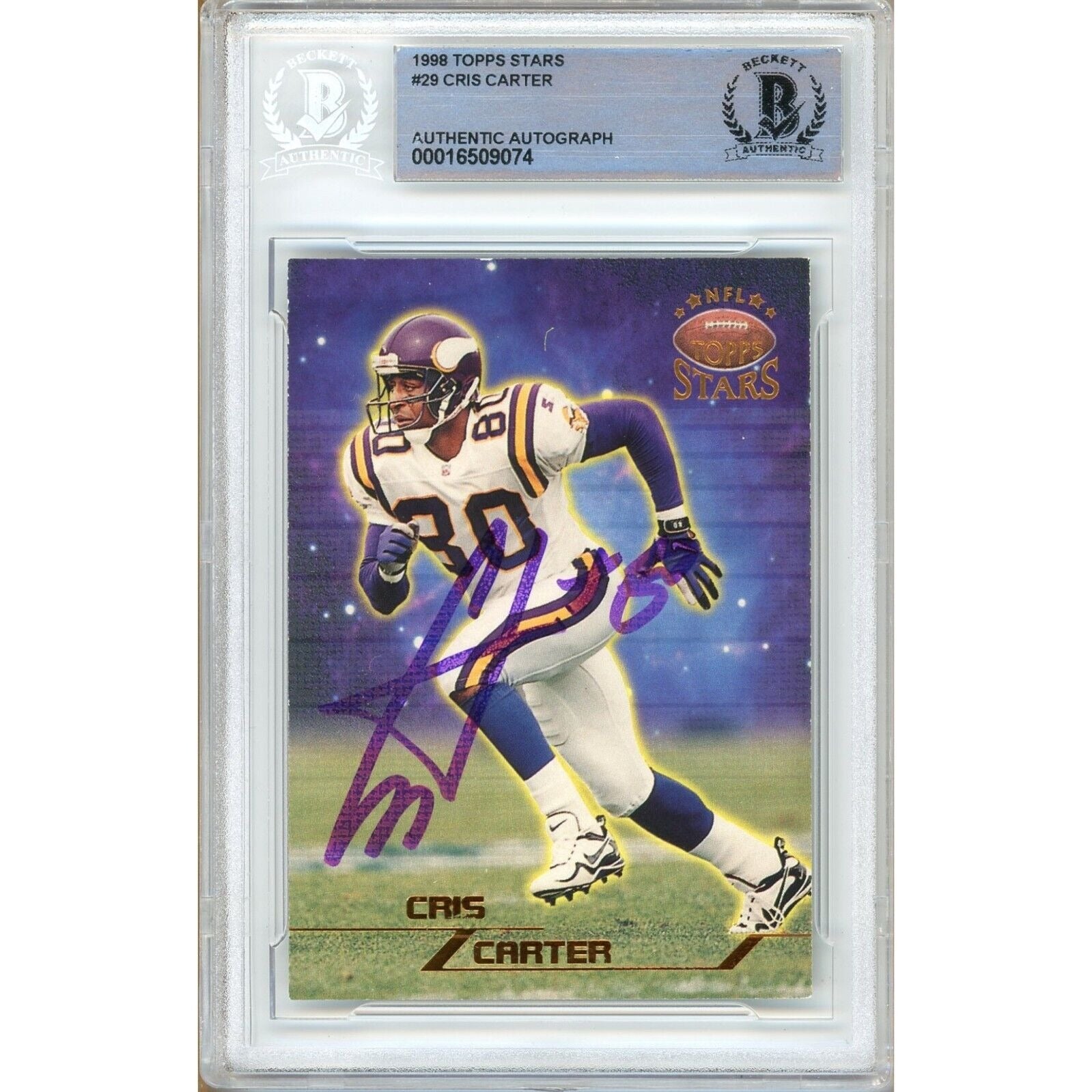 Footballs- Autographed- Cris Carter Minnesota Vikings Signed 1996 Topps Stars Football Card Beckett Authentic Auto Slab Front