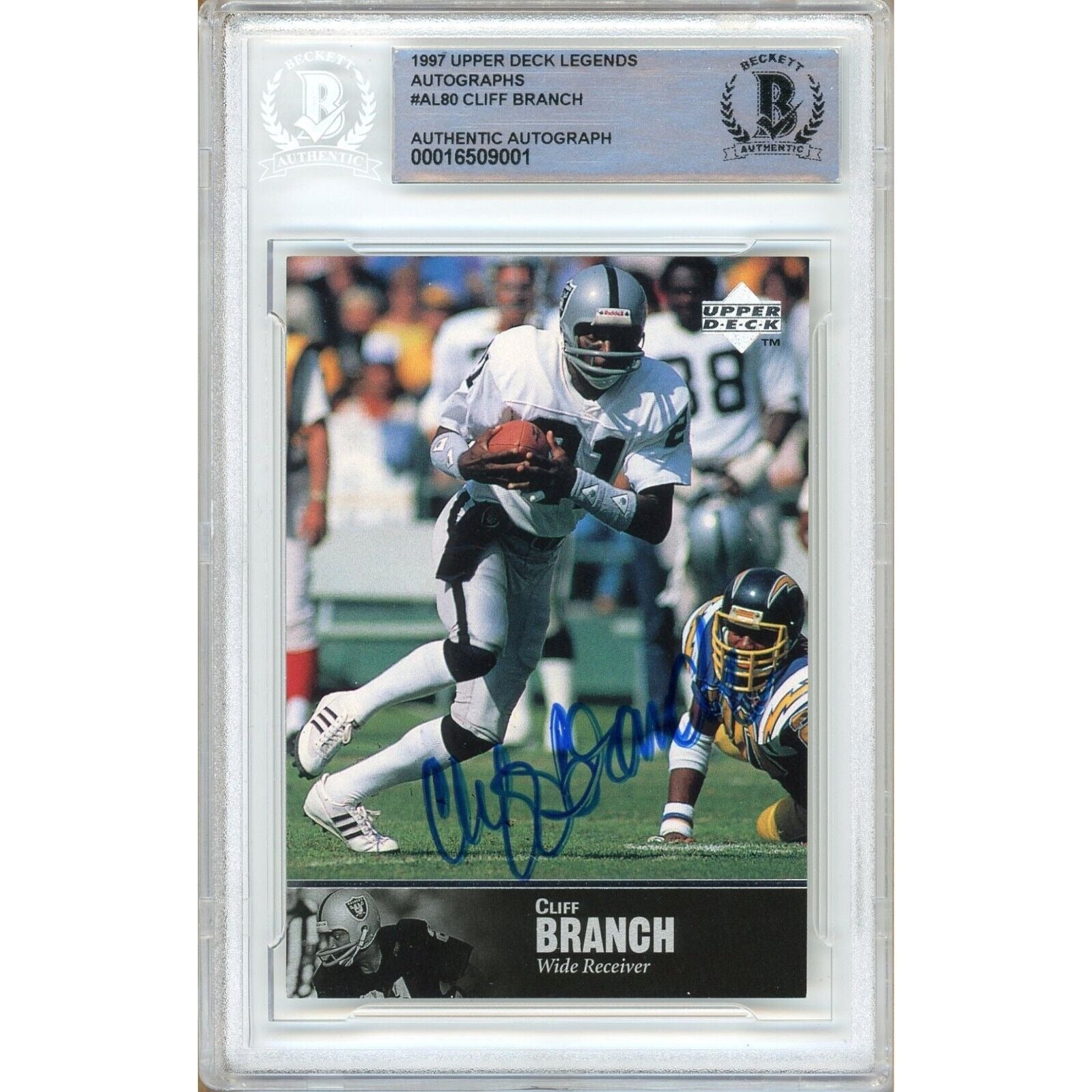 Footballs- Autographed- Cliff Branch Las Vegas Raiders Signed 1997 Upper Deck Legends Football Card Beckett Authentic Auto Slab Front