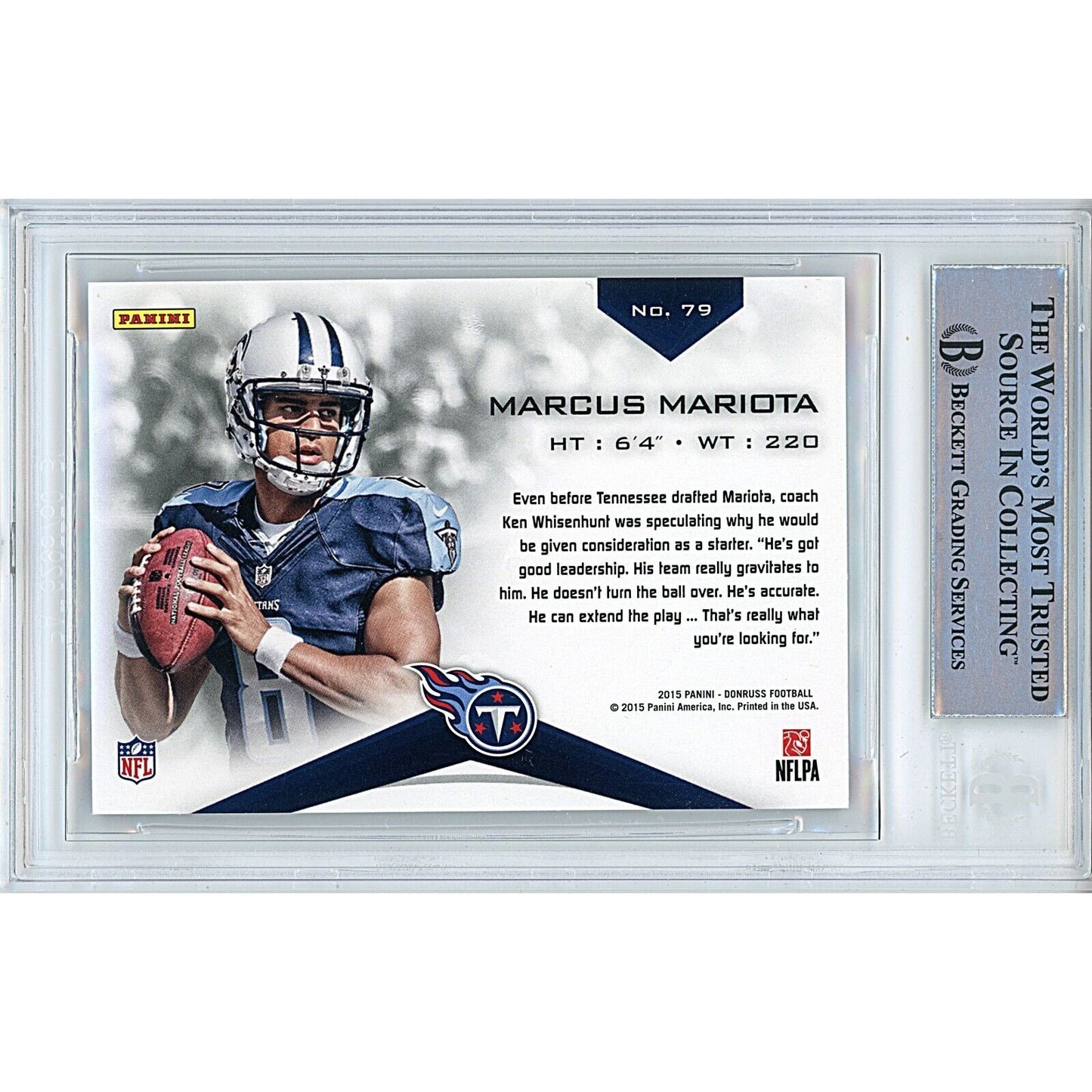 Footballs- Autographed- Marcus Mariota Tennessee Titans Signed 2015 Donruss Elite Rookie Football Card Beckett Authentic Auto Slab Back