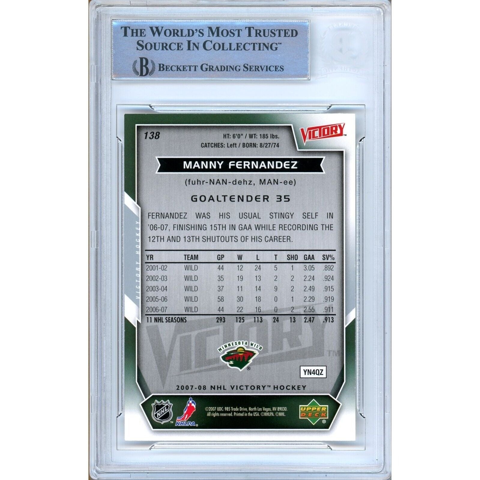 Manny Fernandez Minnesota Wild signed trading card – signature close-up – Beckett COA