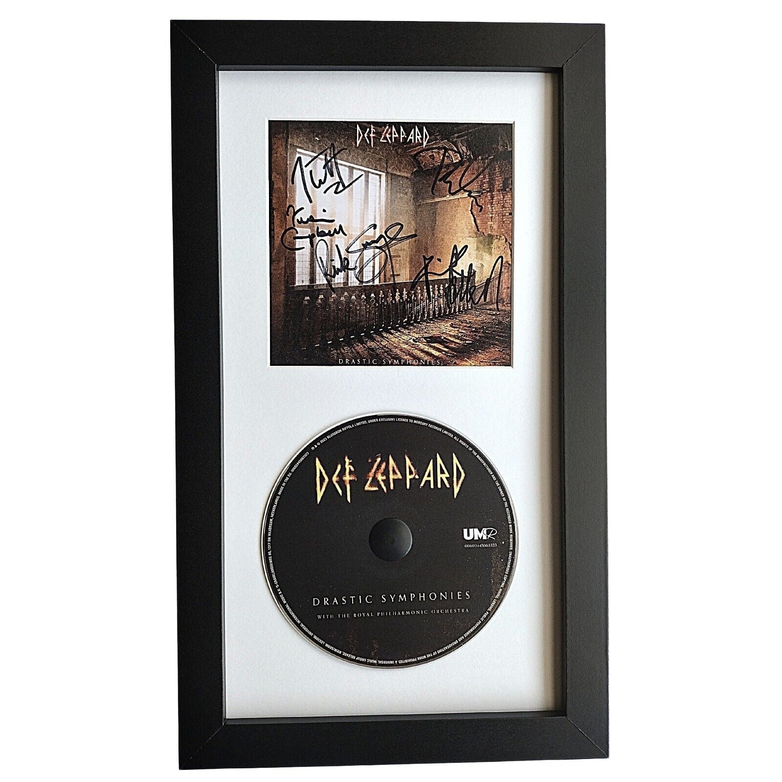 Music- Autographed- Def Leppard Signed Drastic Symphonies Album CD Cover Framed Beckett COA Authentic Front